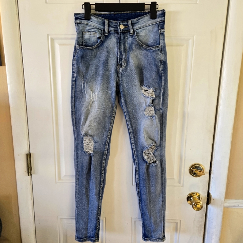 Distressed Blue Skinny Jeans High Rise Size 28